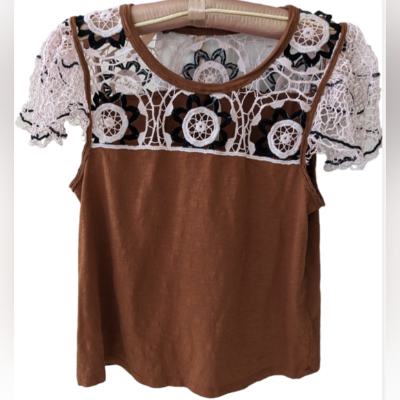 Anthropologie top granny squares crochet Brown Fall flutter sleeve M cedar - Picture 1 of 7